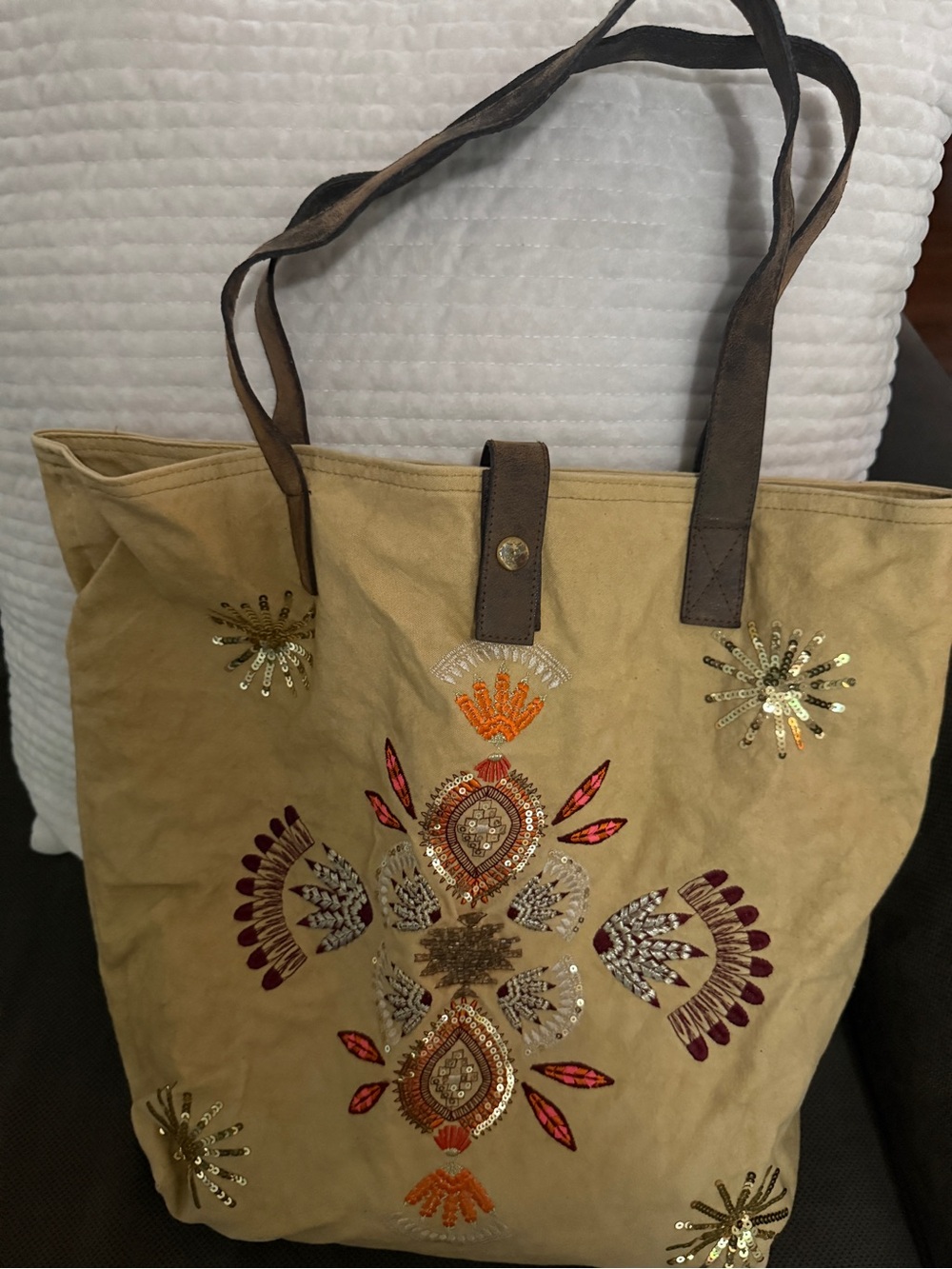 Embroidered Tan Canvas Tote with Sequin Accents